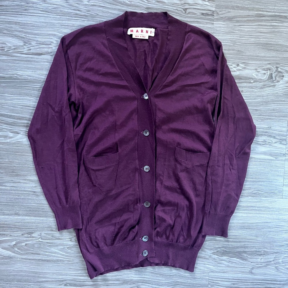 Marni Cashmere Cardigan Plum Purple V-Neck Longline Sweater Italy Size 42